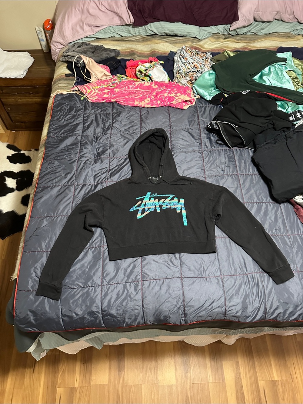 Stussy Black Cropped Hoodie with Teal Logo